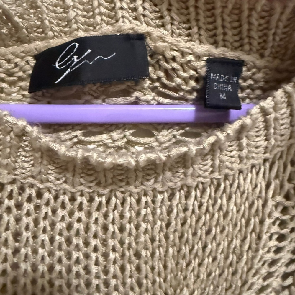 Womens Tan Cable Knit Open Weave 3/4 Sleeve Sweater Top M - Picture 2 of 10